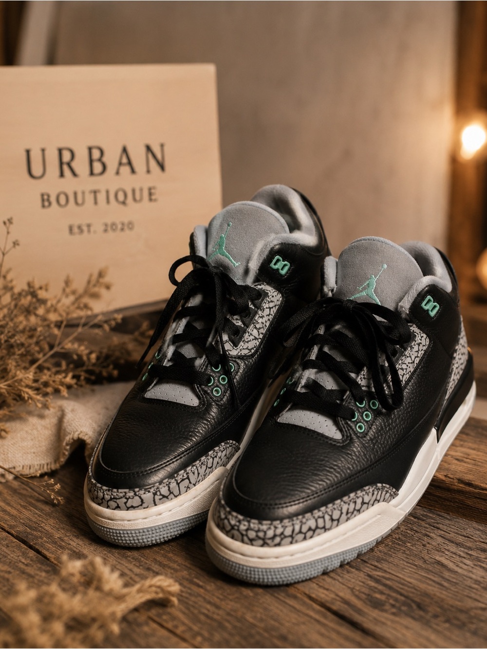 Nike Air Jordan 3 Retro GS Black Cement Green Glow Sneakers